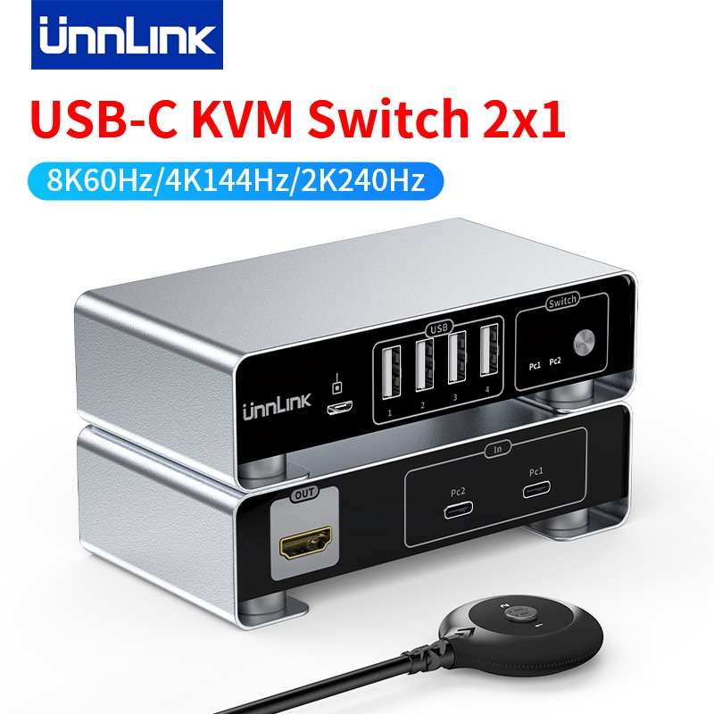 Unnlink USB C KVM ġ, ƺ ƮϿ Ʈѷ , C Ÿ Ʈ 4  KVM ó, 2x1, 8K60Hz, 4K144Hz, 2K240Hz